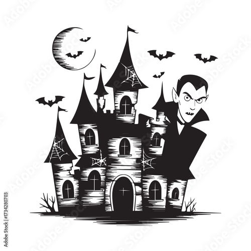 Haunted Vampire Castle with Moonlit Sky, Bats, and Gothic Graf Guardian Silhouette Design. 