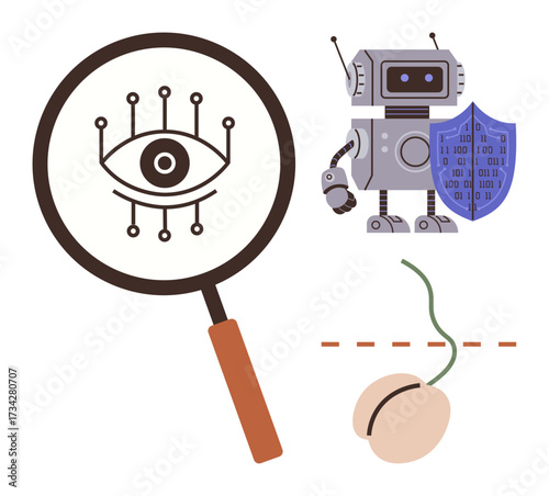 Magnifying glass with an eye and circuit, a robot holding a shield with binary code, evolving seed sprouting. Ideal for AI, cybersecurity, innovation, evolution, machine learning, technology