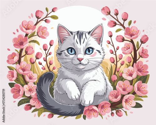 A cute, fluffy cat sits surrounded by blooming cherry blossoms in a charming illustration