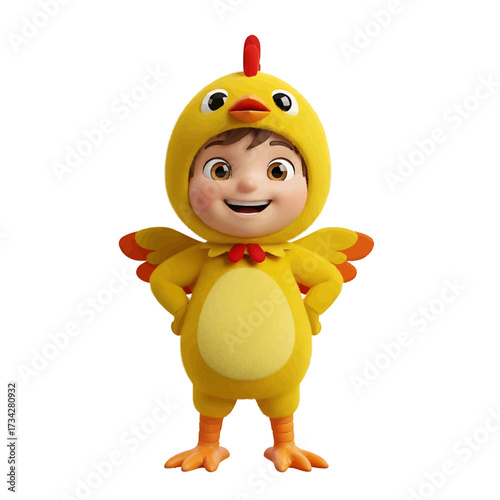 A cute cartoon child smiling brightly while wearing a vibrant yellow chicken costume with a red comb and orange wings, standing confidently.