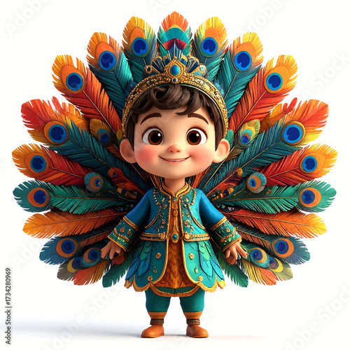 A charming cartoon illustration of a smiling child adorned with a vibrant peacock feather headdress and costume.