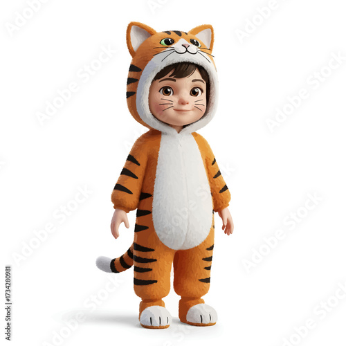 A cute child dressed in a tiger costume, standing against a white background.