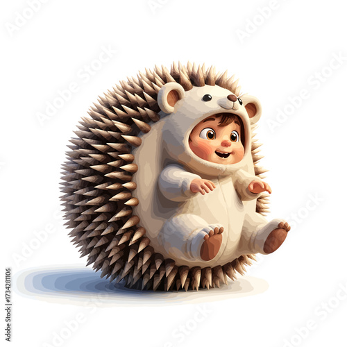 An adorable smiling baby wearing a fluffy, spiky hedgehog costume, sitting happily against a clean white background.