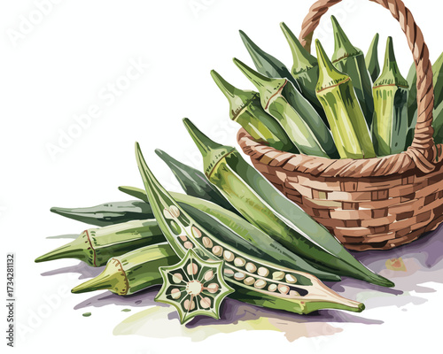 Freshly Harvested Okra Pods in a Wicker Basket - Healthy Vegetable Illustration