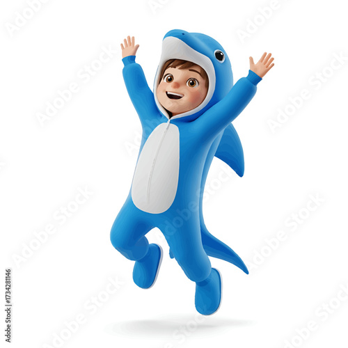3D rendered happy child in a vibrant blue dolphin costume jumping with arms raised, celebrating joyfully on a white background.
