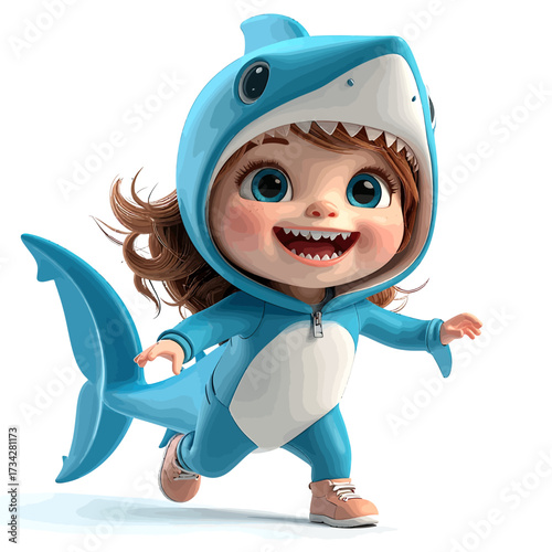 A cute cartoon girl wearing a blue shark costume, smiling and running.