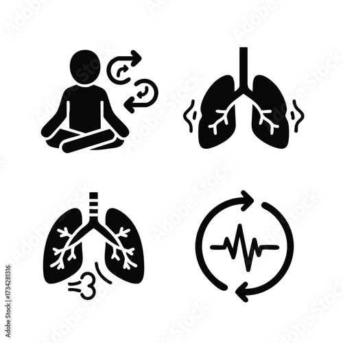 Set of four health and wellness icons representing meditation, respiratory system, lung function, and cardiovascular monitoring