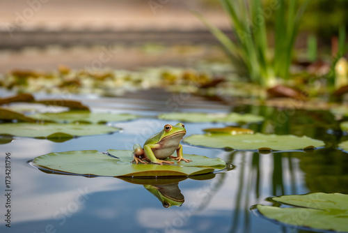 Fototapete A vibrant green frog rests on a lily pad in a pond, partially submerged with its reflection visible in the dark water
