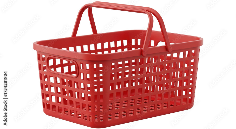 Fototapeta premium Isolated red plastic shopping basket for product display or store marketing, studio shot
