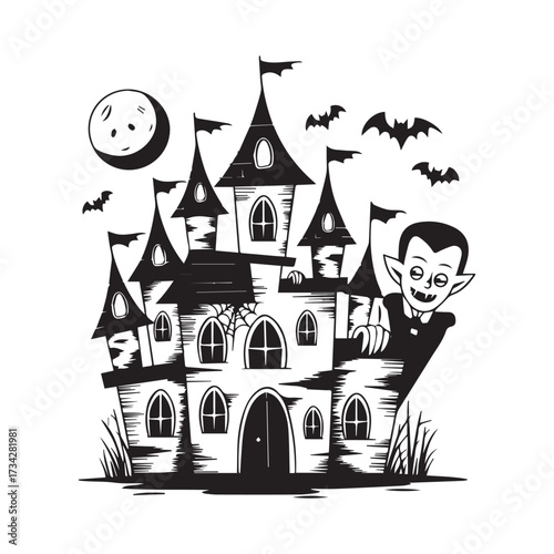 Haunted Vampire Castle with Moonlit Sky, Bats, and Gothic Graf Guardian Silhouette Design. 
