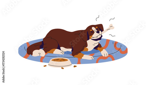 Naughty dog with food aggression is growling. Angry puppy is lying, eating bone and guarding it. Inappropriate behavior of pet, domestic animal. Flat isolated vector illustration on white background.