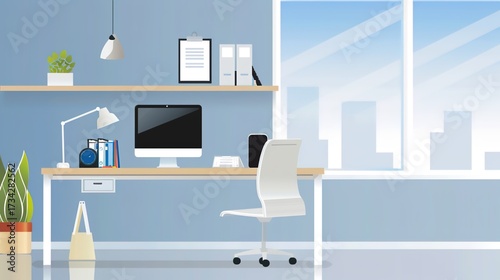 Simple Office Background Design Images, presenting neat desks, floor plants, transparent glass windows, minimalist meeting areas and other elements with a simple visual style. Covering fresh tones 