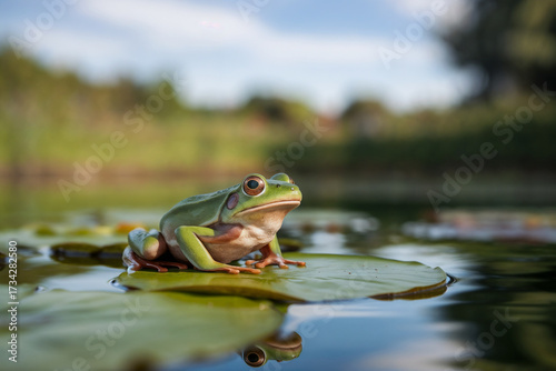 A vibrant green frog rests on a lily pad in a pond, partially submerged with its reflection visible in the dark water.