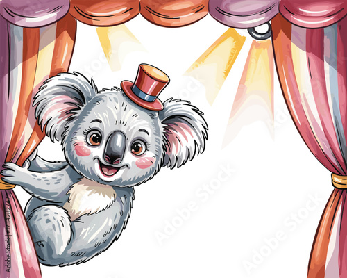 Cute koala wearing a hat peeking from behind circus curtains, watercolor illustration