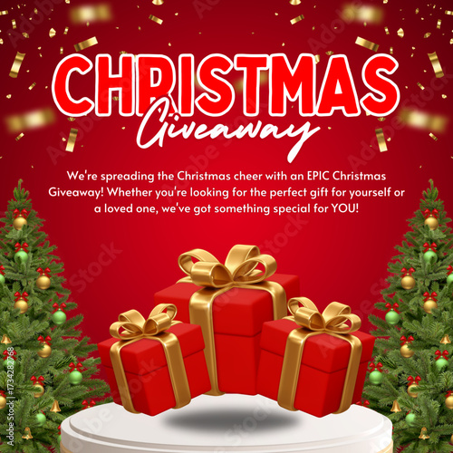 Christmas Giveaway with Presents: A festive scene features a generous giveaway, with vibrant red gift boxes adorned with golden bows, set against a backdrop of twinkling Christmas trees and confetti.