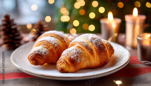 Two Freshly Baked Croissants Dusted With Powdered Sugar Served On A White Plate In A Cozy Holiday Setting