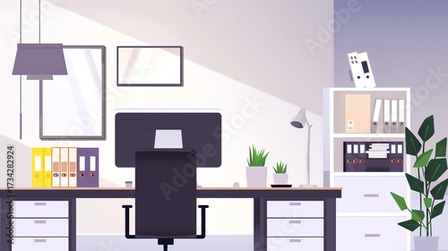 Simple Office Background Design Images, presenting neat desks, floor plants, transparent glass windows, minimalist meeting areas and other elements with a simple visual style. Covering fresh tones 