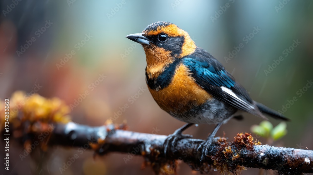 Fototapeta premium This stunning bird, with vibrant colors and detailed features, is perched gracefully on a moss-covered branch, showcasing nature's beauty amidst a serene atmosphere.
