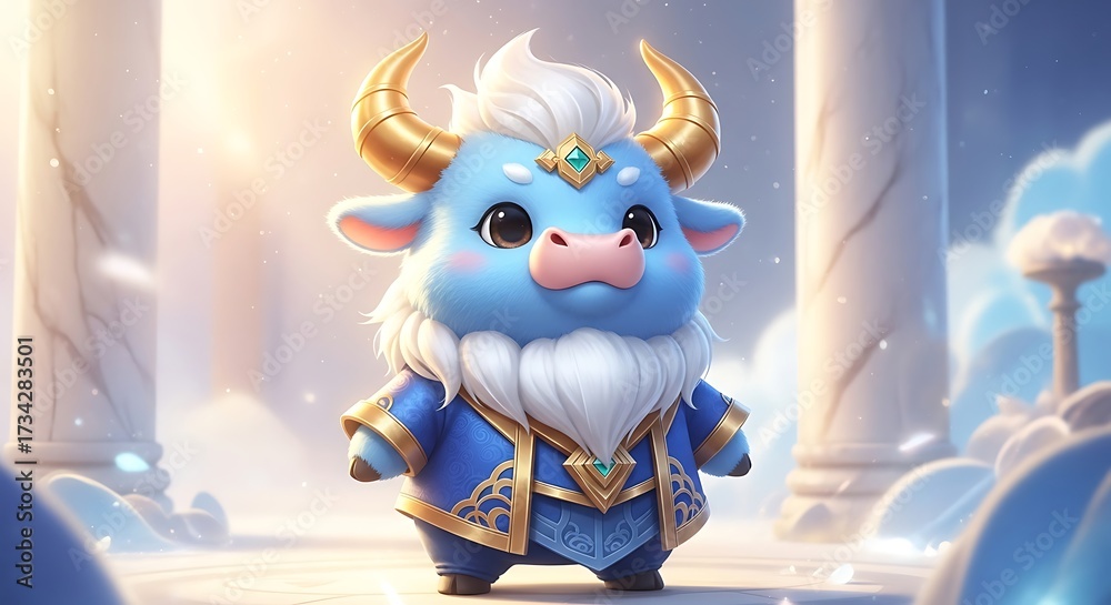 Fototapeta premium Adorable Blue Ox in Royal Attire with Golden Horns