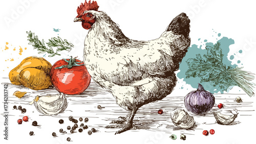 Illustration of Chicken with Fresh Vegetables, Farm to Table Concept