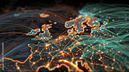 lines visualization of global a 4k using financial Abstract and nodes major on glowing cities orange photorealistic blue, linking dark green and map, accents connections 39304039 1