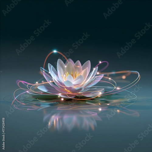 Elegant floating lotus, abstract wellness illustration with glowing light trails