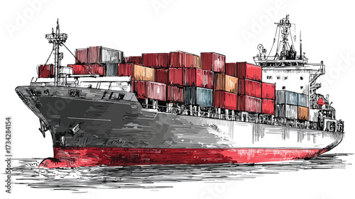 Professional Drawing of Container Ship with Large Containers for Transportation