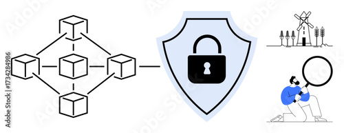 Blockchain network connected with security shield icon, person analyzing data, and sustainable energy. Ideal for cybersecurity, blockchain, data analysis, privacy, innovation, technology