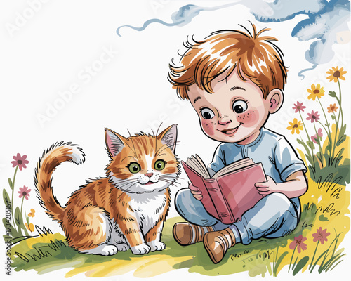 Charming Watercolor Illustration of a Boy Reading a Book with His Cat in a Field