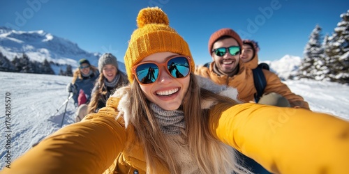 Group of Friends Taking Selfie on Sunny Snowy Mountain Landscape