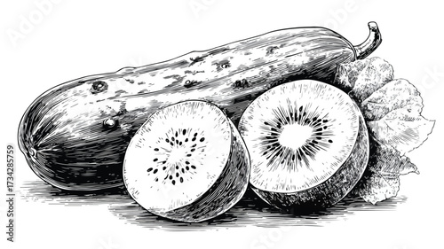 Vibrant Cucumber and Kiwi Fruit Vector Illustration for Kitchen Decor and Food Blogs
