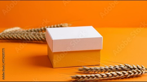 A square-shaped orange an with on gift top and box a bottom, placed white yellow background 80408831 1