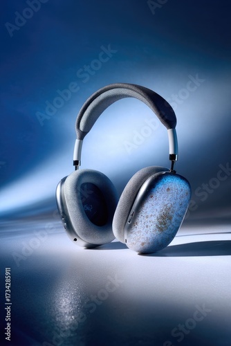 Headphones on table against blue backdrop, studio shot for electronic product ad