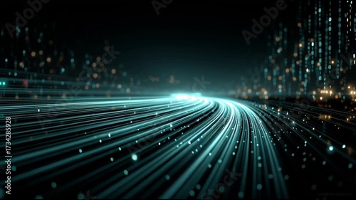background, smooth stream glowing of the and mint 113CEF green side light right, accelerating particles a futuristic through 74FA90 on code and city falling data blue in dark left grid A 1D 92781943 1