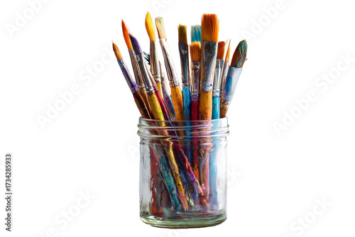 Collection of colorful paint brushes in a glass jar isolated on transparent background