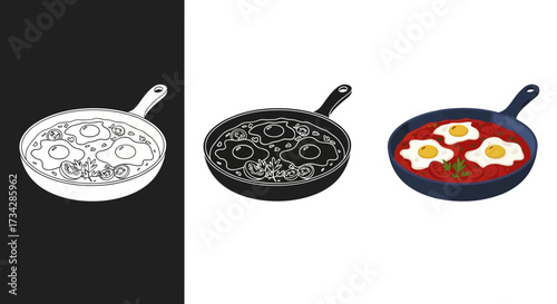 Breakfast Food Vector Illustration Set with Shakshuka in Three Styles