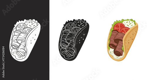 Hand Drawn Gyro Taco Vector Illustration Set for Restaurant Menu Design