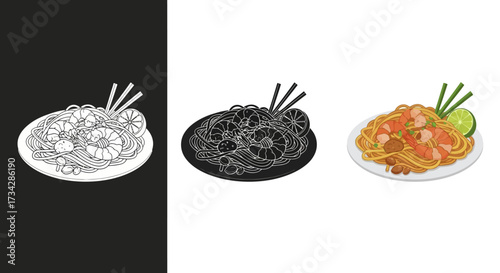 Illustration Set Vector of Pad Thai Noodle Dish with Color and Silhouette Icons