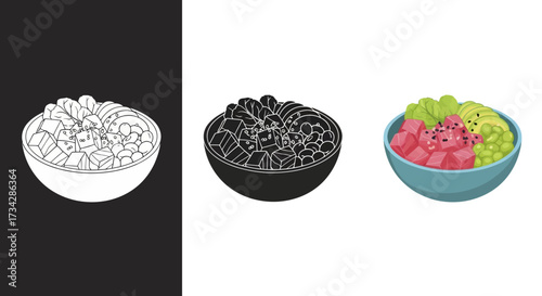 Hawaiian Poke Bowl Vector Illustration Set with Color Silhouette and Line Art Styles
