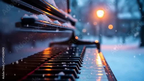 Snowy Piano Winter Music Bokeh Lights.