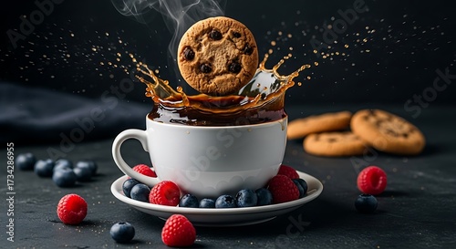 A chocolate chip cookie splashes into a cup of coffee, surrounded by berries and more cookies