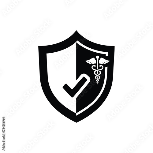 Shield emblem featuring a checkmark and medical caduceus symbol representing healthcare protection and safety