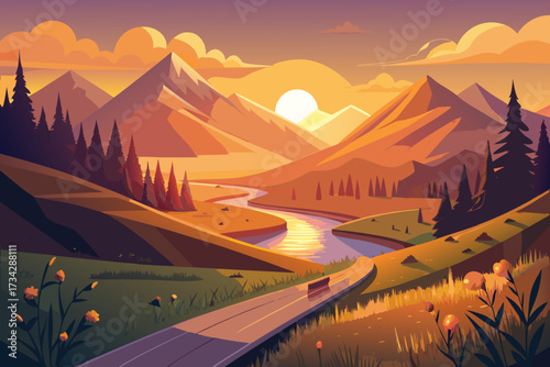 Mountain river valley road at sunset with distant peaks Keywords: mountain, valley, river