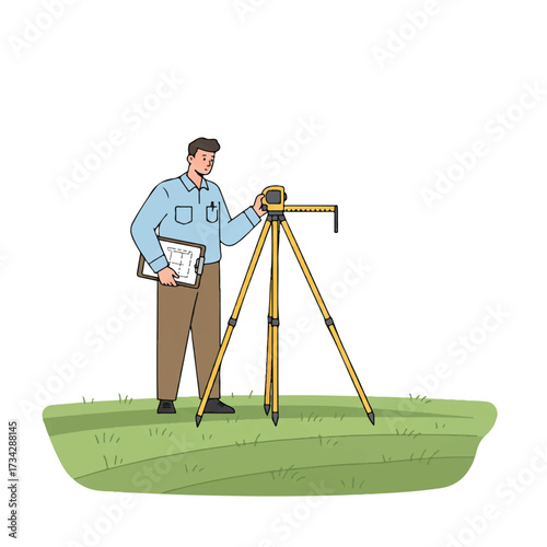 A skilled land surveyor with an optical instrument accurately measures the open field, depicted in a clean flat 2D vector illustration on a plain white background.