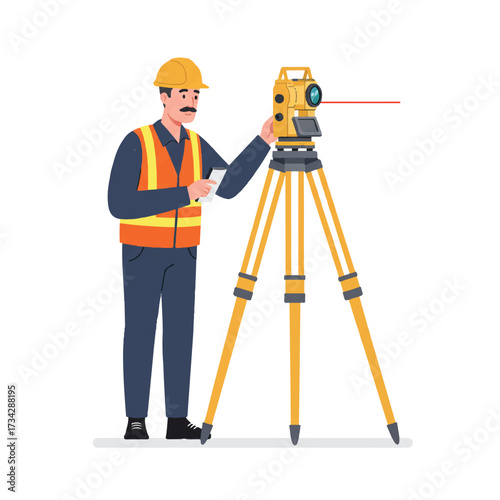 A professional land surveyor meticulously operates tripod equipment, featuring a modern surveying instrument in a clean flat 2D vector illustration on a plain white background.