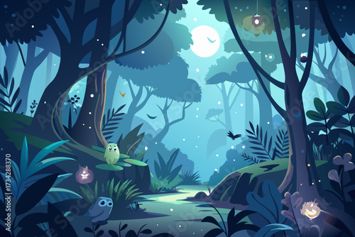 Enchanted Forest Clearing with Owl, Bird, and Glowing Lights