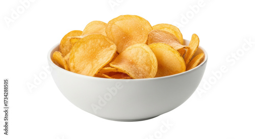 Tableau sur toile Isolated bowl of golden salty potato chips snack food, party appetizer comfort f