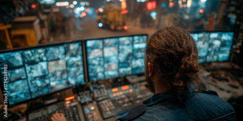 Security personnel monitors multiple surveillance feeds in a busy urban area during nighttime