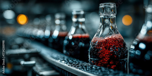 Bottles filled with soda move along a conveyor belt in a busy production facility at dusk