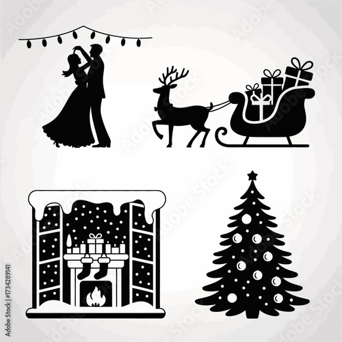 create a set of black and white chrismas party related vector silhouetee icon collection on white bacckground